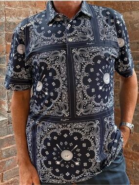 Swing Juice Men's Navy Bandana Print Short Sleeve golf Shirt, navy, sz s, nwt